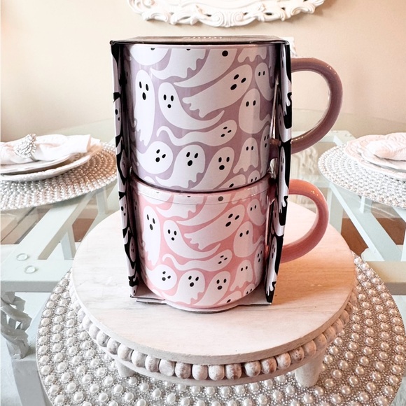 🩷 PASTEL PINK + PURPLE Ghost Mug Set Stackable Halloween Mugs NEW Elum Home - Picture 4 of 6